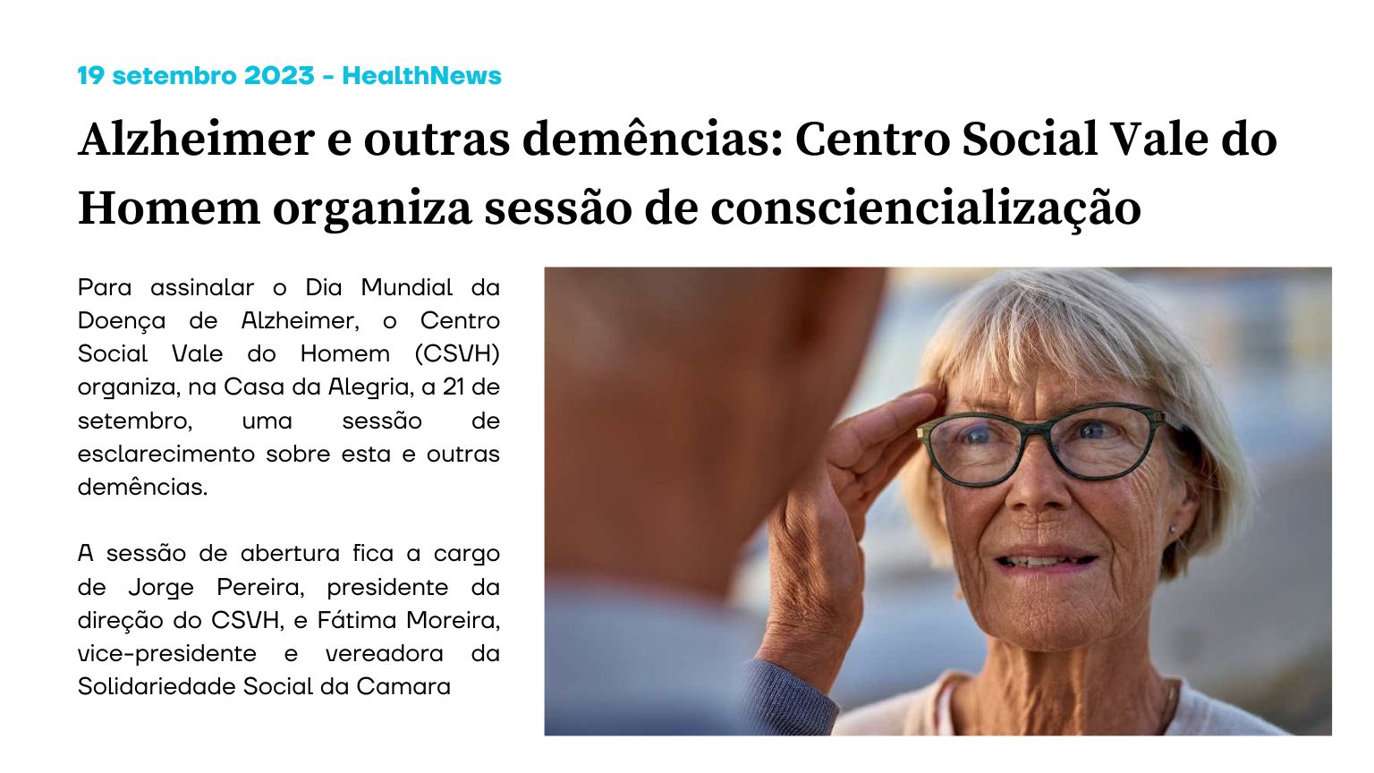 Alzheimer e outras demências: Centro Social Vale do Homem organiza sessão de consciencialização