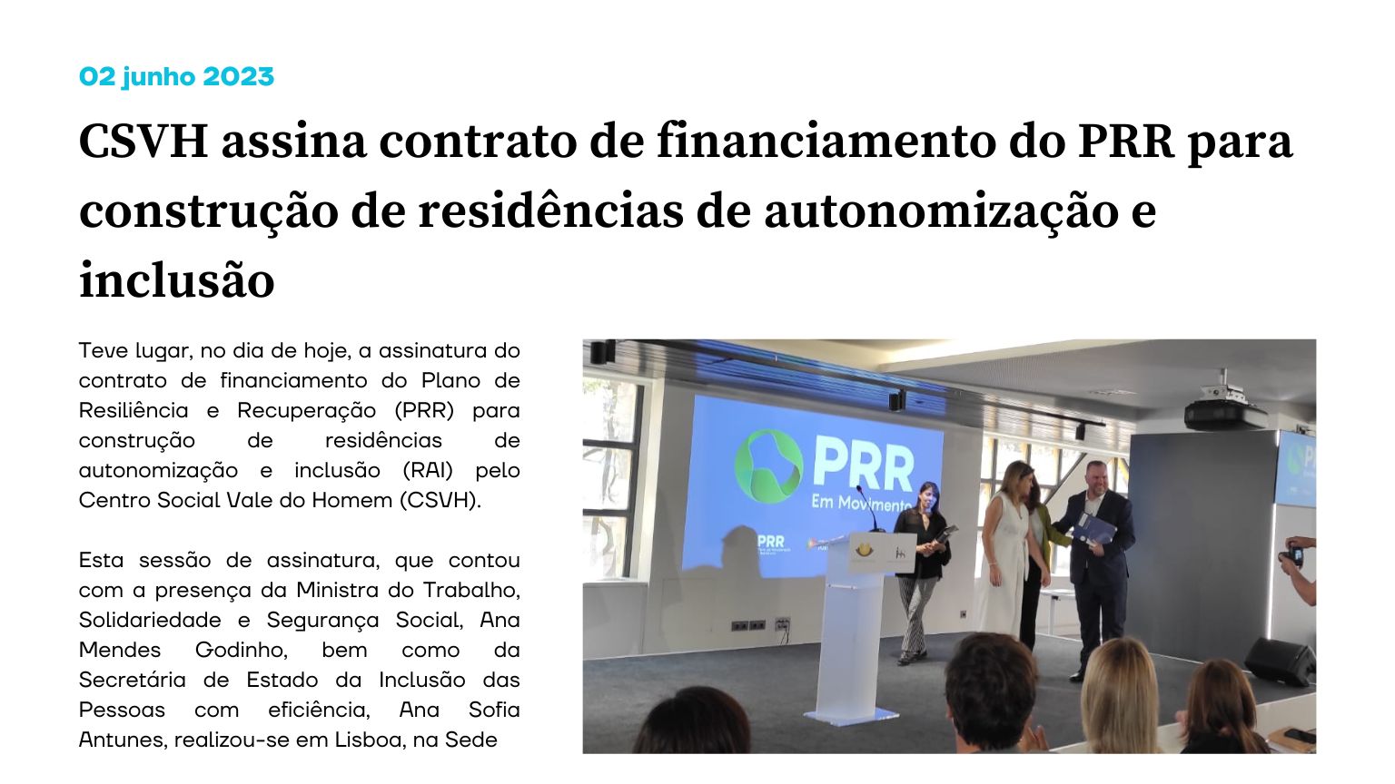 CSVH assina contrato de financiamento do PRR para construção de residências de autonomização e inclusão