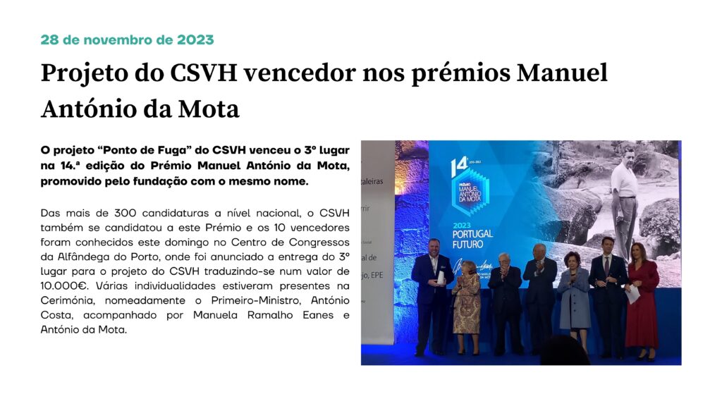 Projeto do CSVH vencedor nos prémios Manuel António da Mota