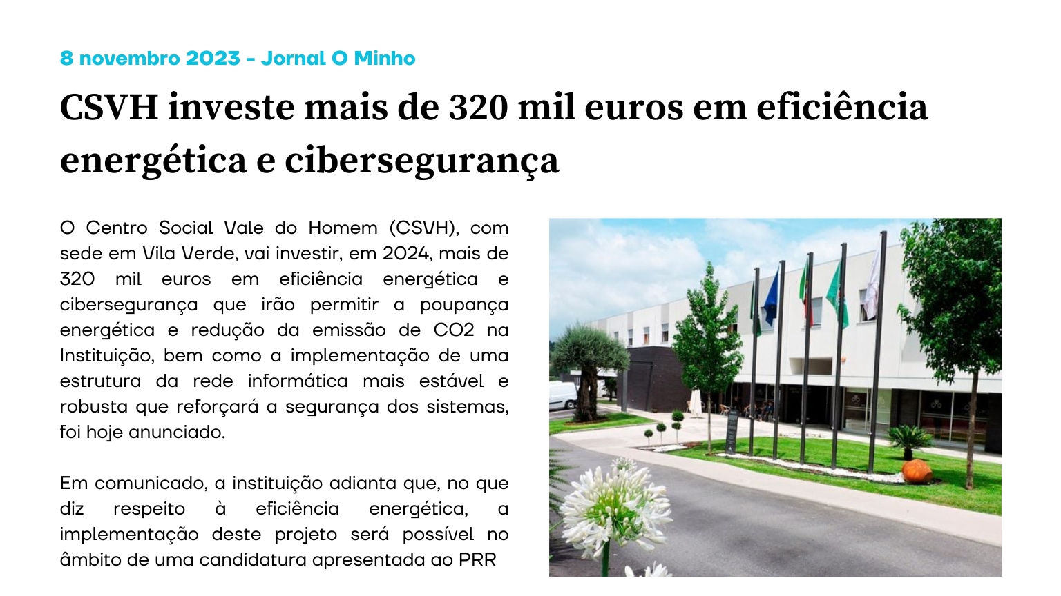 CSVH investe mais de 320 mil euros em eficiência energética e cibersegurança