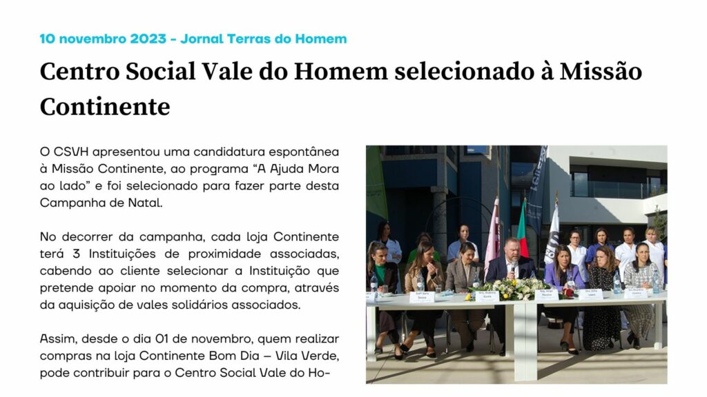 Centro Social Vale do Homem selecionado à Missão Continente