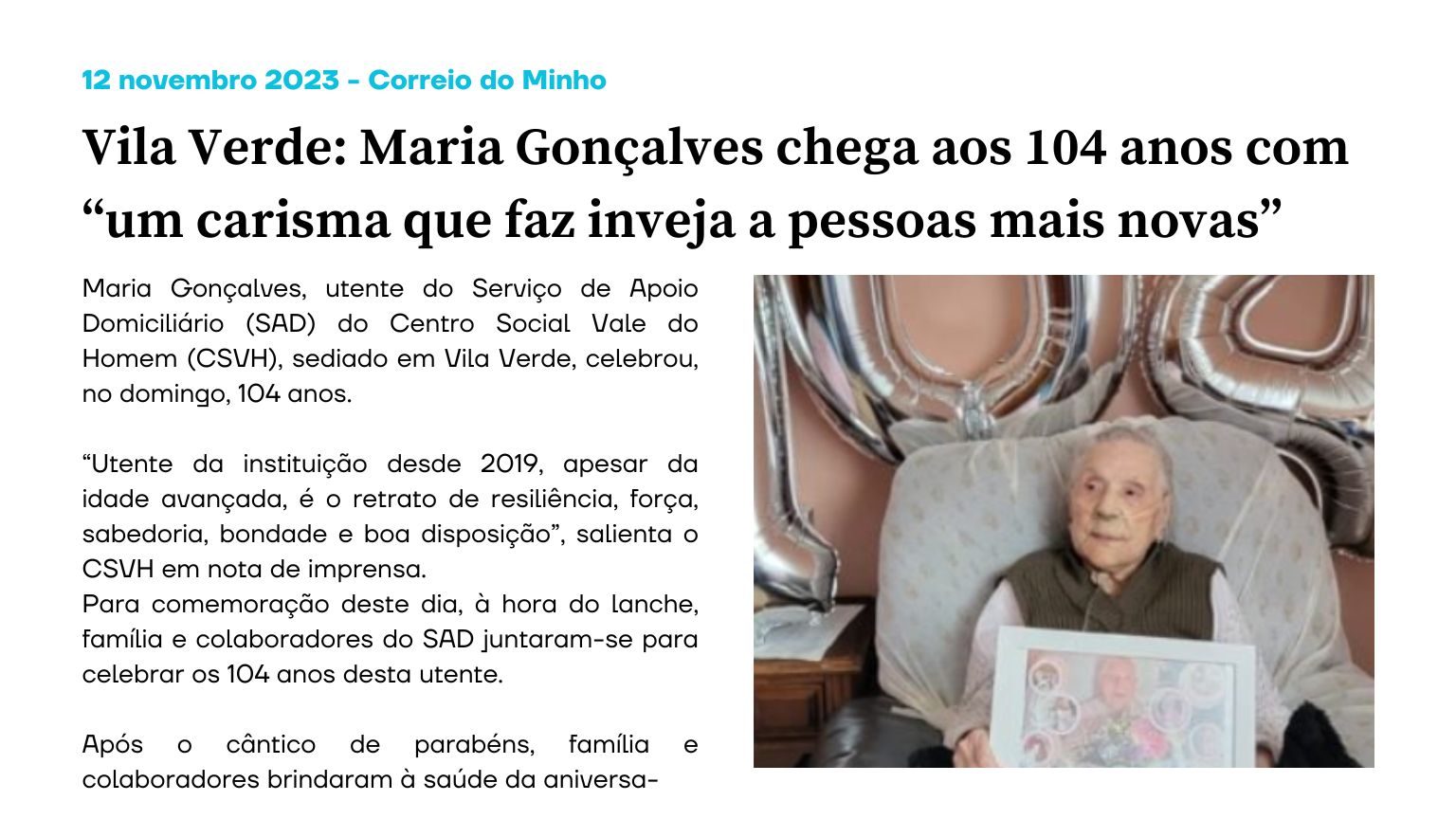 Vila Verde: Maria Gonçalves chega aos 104 anos com “um carisma que faz inveja a pessoas mais novas”