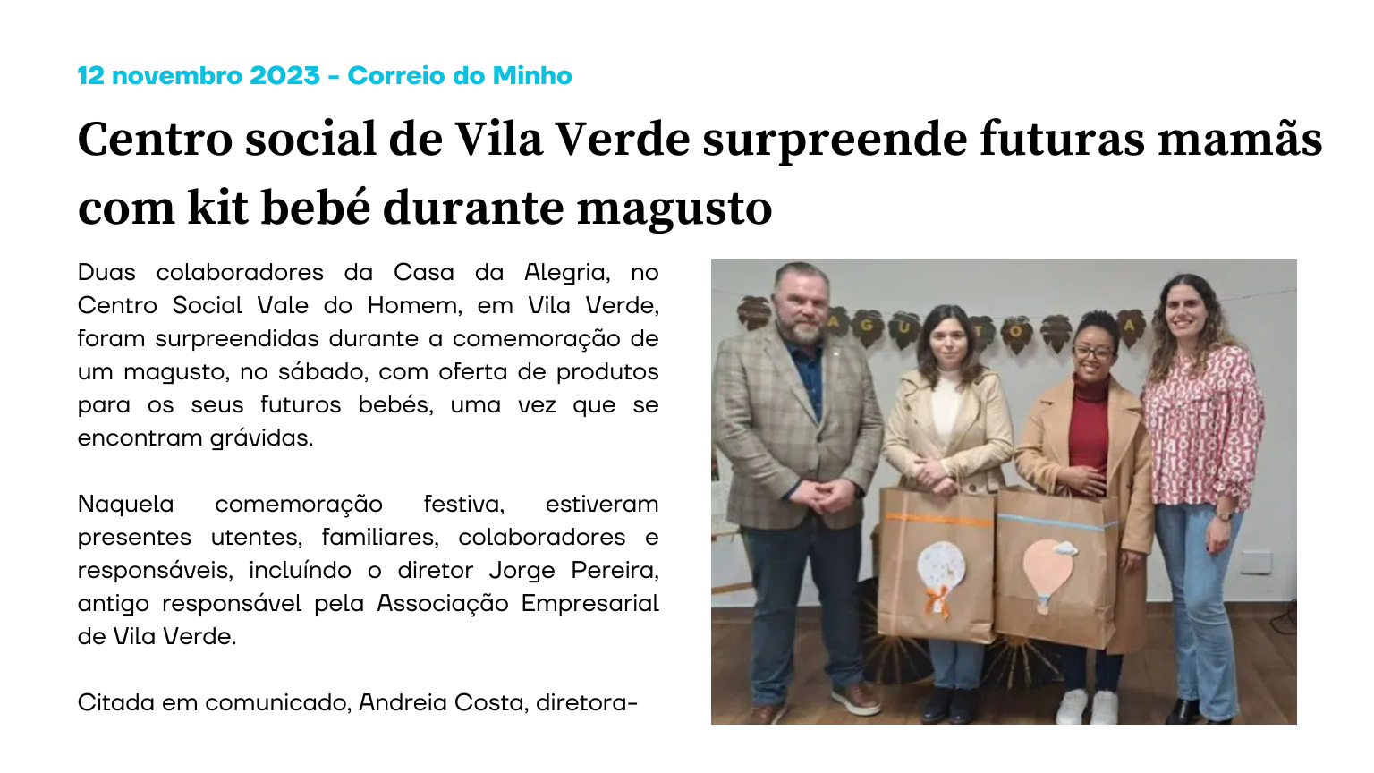 Centro social de Vila Verde surpreende futuras mamãs com kit bebé durante magusto