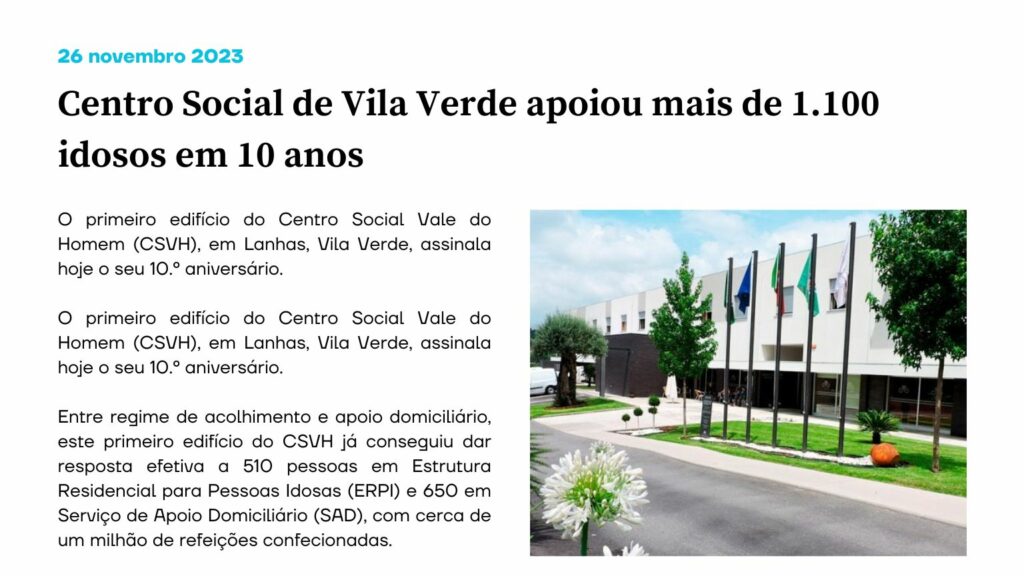 Centro Social de Vila Verde apoiou mais de 1.100 idosos em 10 anos