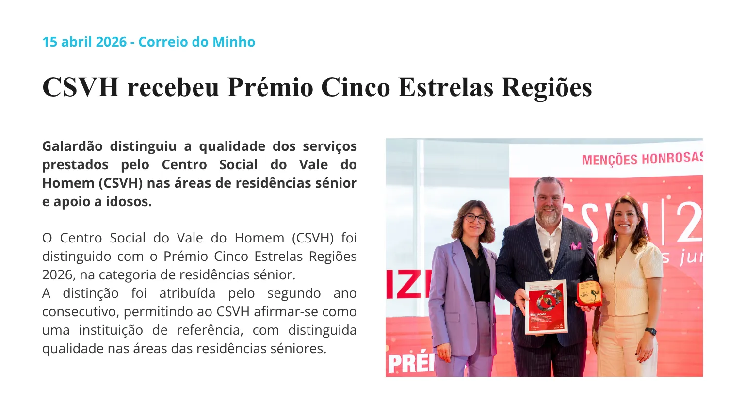 CSVH recebeu Prémio Cinco Estrelas Regiões